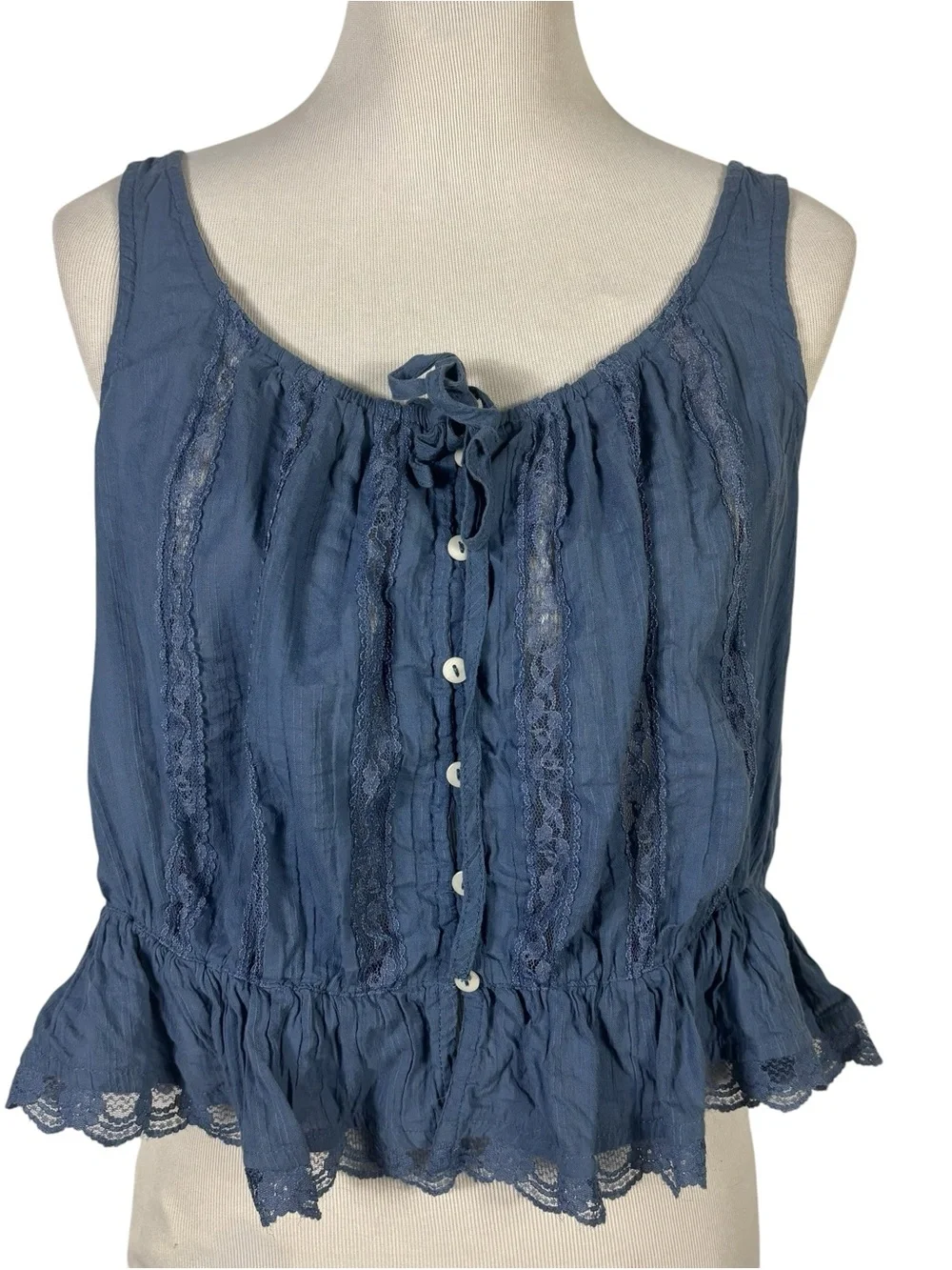 Free People Alana Lace Blue Topaz Cropped Tank Button Up Boho Women's L